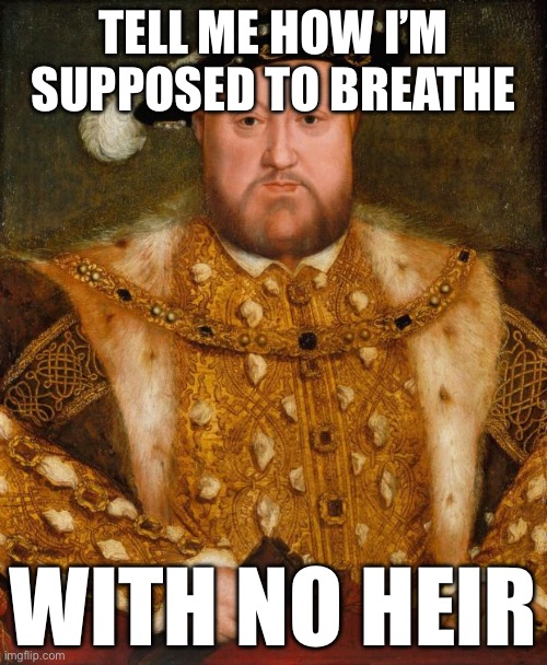 King Henry VIII | TELL ME HOW I’M SUPPOSED TO BREATHE; WITH NO HEIR | image tagged in king henry viii | made w/ Imgflip meme maker