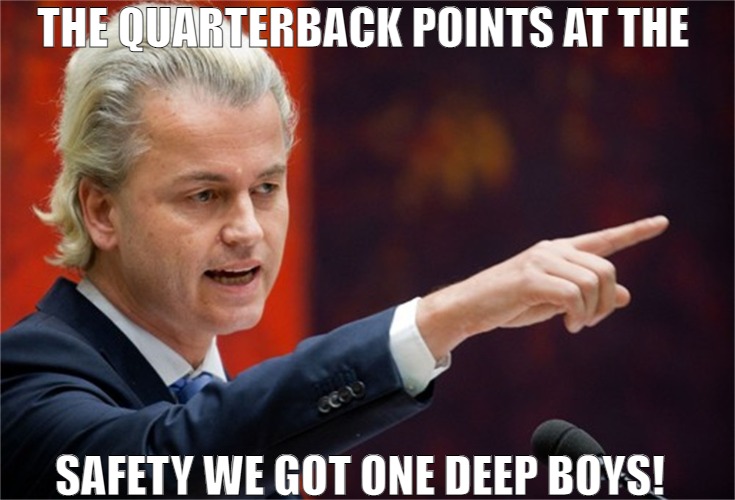 THIS WAS TOM BRADY FAVORITES | THE QUARTERBACK POINTS AT THE; SAFETY WE GOT ONE DEEP BOYS! | image tagged in geert wilders,meme | made w/ Imgflip meme maker