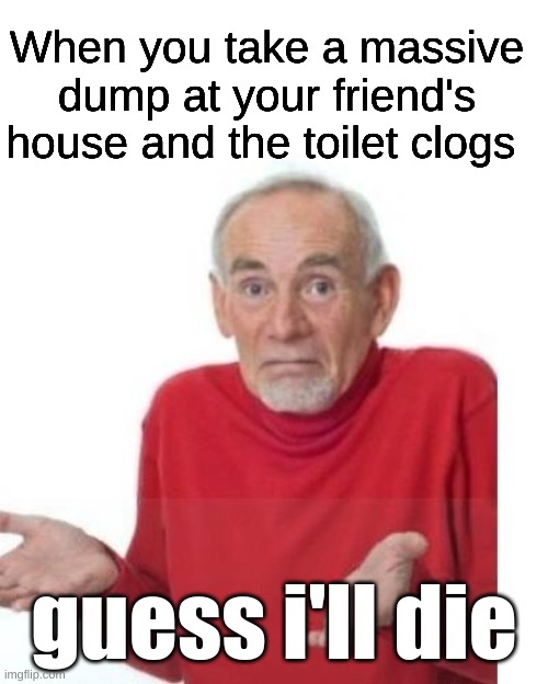 Like what tf do you do in that situation | When you take a massive dump at your friend's house and the toilet clogs; guess i'll die | image tagged in i guess ill die,no fr answer me in the comments,do you try to eat it | made w/ Imgflip meme maker