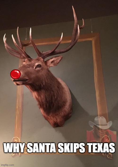 Reindeer BBQ | WHY SANTA SKIPS TEXAS | image tagged in stuffed rudy | made w/ Imgflip meme maker