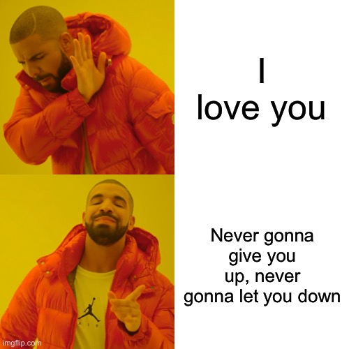 Drake Hotline Bling Meme | I love you; Never gonna give you up, never gonna let you down | image tagged in memes,drake hotline bling | made w/ Imgflip meme maker