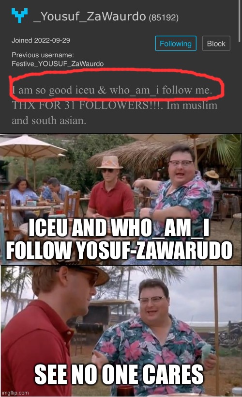 ICEU AND WHO_AM_I FOLLOW YOSUF-ZAWARUDO; SEE NO ONE CARES | image tagged in memes,see nobody cares | made w/ Imgflip meme maker