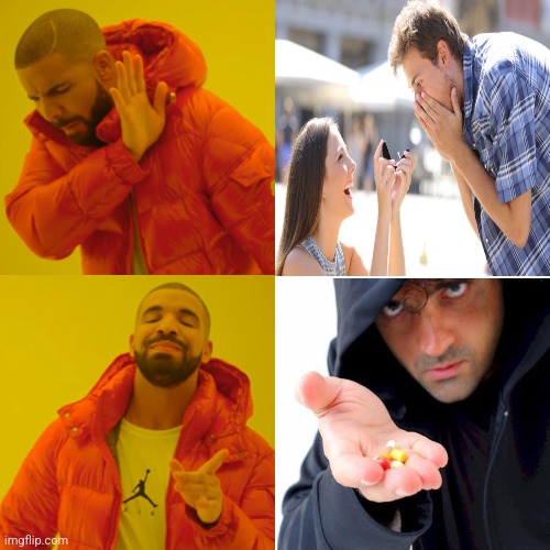 -Asking harshly. | image tagged in memes,drake hotline bling,sketchy drug dealer,distracted boyfriend,thoroughly modern marriage,hard choice to make | made w/ Imgflip meme maker