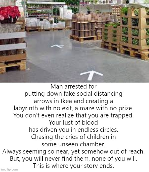 Man arrested for putting down fake social distancing arrows in Ikea and creating a labyrinth with no exit, a maze with no prize.
You don't even realize that you are trapped.
Your lust of blood has driven you in endless circles.
Chasing the cries of children in some unseen chamber.
Always seeming so near, yet somehow out of reach.
But, you will never find them, none of you will.
This is where your story ends. | image tagged in blank white template | made w/ Imgflip meme maker