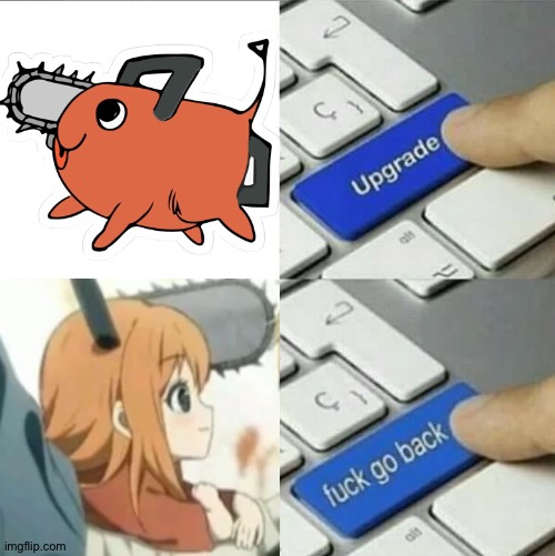 crap go back | image tagged in chainsaw man,pochita,anime | made w/ Imgflip meme maker