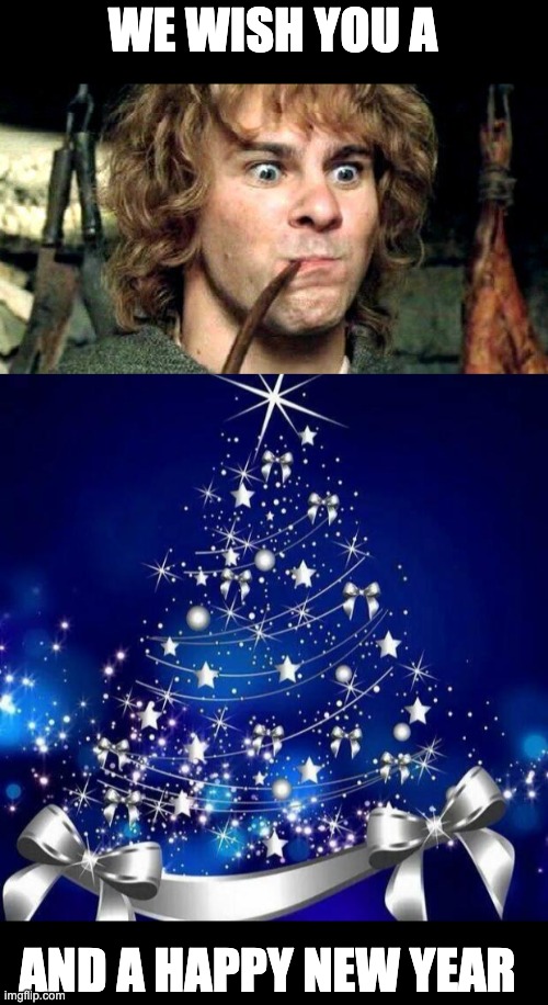 Merry Christmas | WE WISH YOU A; AND A HAPPY NEW YEAR | image tagged in merri christmas,lotr,merry,tolkien | made w/ Imgflip meme maker