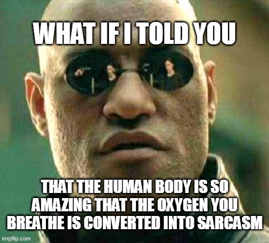 What if i told you | WHAT IF I TOLD YOU; THAT THE HUMAN BODY IS SO AMAZING THAT THE OXYGEN YOU BREATHE IS CONVERTED INTO SARCASM | image tagged in what if i told you,meme,memes,funny | made w/ Imgflip meme maker