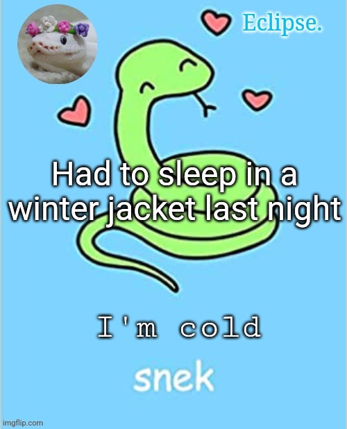 . | Had to sleep in a winter jacket last night; I'm cold | image tagged in h | made w/ Imgflip meme maker