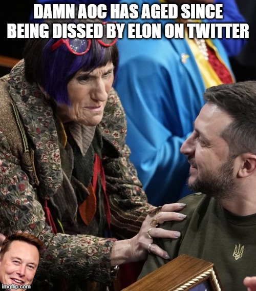 AOC Really going downhill since being Dissed by Elon on Twitter | DAMN AOC HAS AGED SINCE BEING DISSED BY ELON ON TWITTER | image tagged in aoc,elon,zelinsky | made w/ Imgflip meme maker