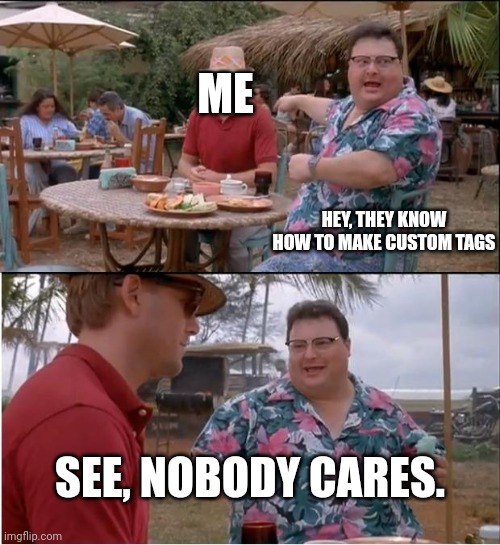 Image Title | ME; HEY, THEY KNOW HOW TO MAKE CUSTOM TAGS; SEE, NOBODY CARES. | image tagged in image tags | made w/ Imgflip meme maker