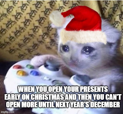 R.I.P if you have done this | WHEN YOU OPEN YOUR PRESENTS EARLY ON CHRISTMAS AND THEN YOU CAN'T OPEN MORE UNTIL NEXT YEAR'S DECEMBER | image tagged in sad gaming cat,christmas gifts,merry christmas,christmas | made w/ Imgflip meme maker