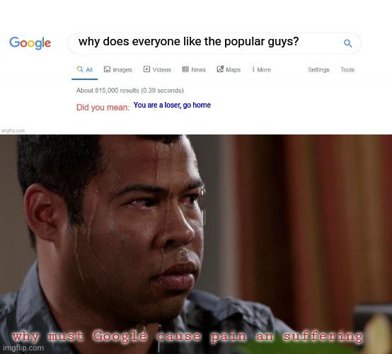 why does everyone like the popular guys? You are a loser, go home; why must Google cause pain an suffering | image tagged in did you mean,sweating bullets,why,memes,funny memes | made w/ Imgflip meme maker