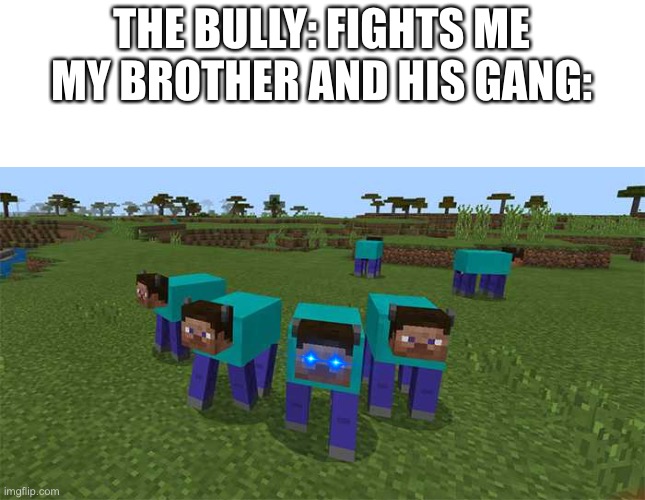 me and the boys | THE BULLY: FIGHTS ME
MY BROTHER AND HIS GANG: | image tagged in me and the boys | made w/ Imgflip meme maker