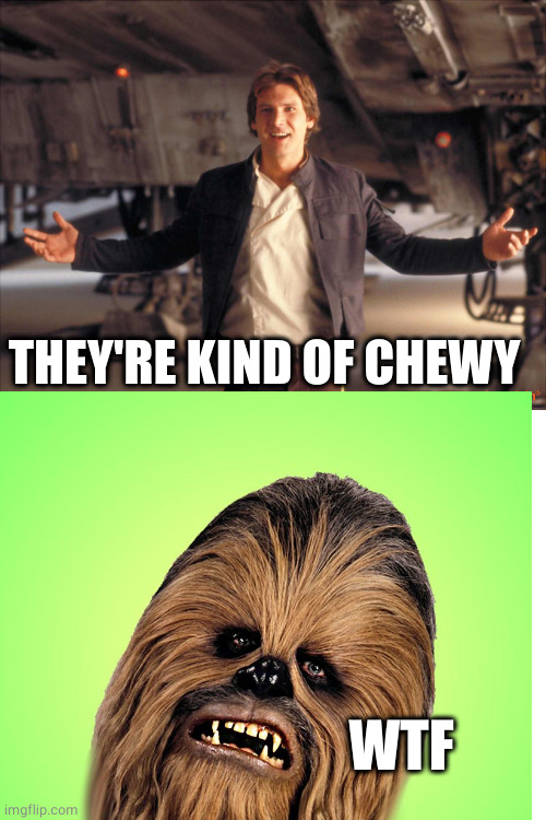 WTF THEY'RE KIND OF CHEWY | image tagged in han solo new star wars movie | made w/ Imgflip meme maker
