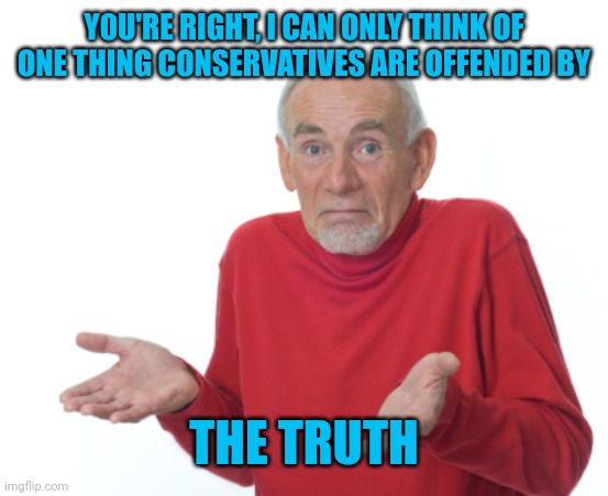 Guess I'll die  | YOU'RE RIGHT, I CAN ONLY THINK OF ONE THING CONSERVATIVES ARE OFFENDED BY THE TRUTH | image tagged in guess i'll die | made w/ Imgflip meme maker