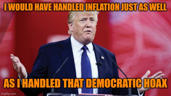 trump-question | I WOULD HAVE HANDLED INFLATION JUST AS WELL AS I HANDLED THAT DEMOCRATIC HOAX | image tagged in trump-question | made w/ Imgflip meme maker