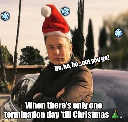 Elon ? | ❄️; ❄️; ❄️; Ho, ho, ho...out you go! When there's only one termination day 'till Christmas 🎄. | image tagged in funny | made w/ Imgflip meme maker