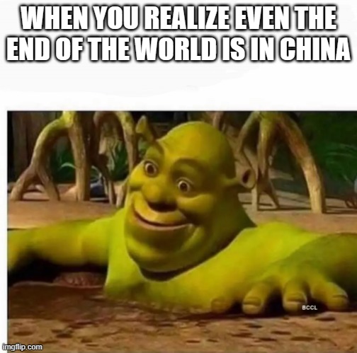 Shrek In The Mud | WHEN YOU REALIZE EVEN THE END OF THE WORLD IS IN CHINA | image tagged in shrek in the mud | made w/ Imgflip meme maker