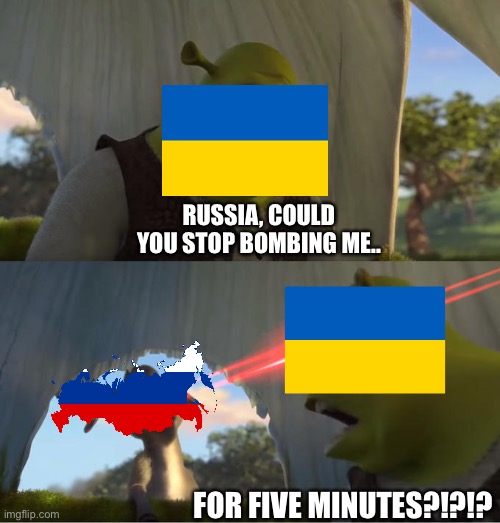 World War 3 in a nutshell | RUSSIA, COULD YOU STOP BOMBING ME.. FOR FIVE MINUTES?!?!? | image tagged in shrek for five minutes | made w/ Imgflip meme maker