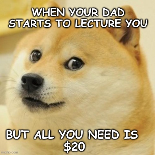 im back lol | WHEN YOUR DAD STARTS TO LECTURE YOU; BUT ALL YOU NEED IS 
$20 | image tagged in memes,doge | made w/ Imgflip meme maker