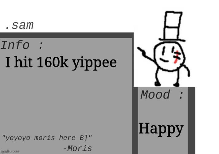 Yey | I hit 160k yippee; Happy | image tagged in sammys announcement temp,memes,funny,sammy,160,yippee | made w/ Imgflip meme maker