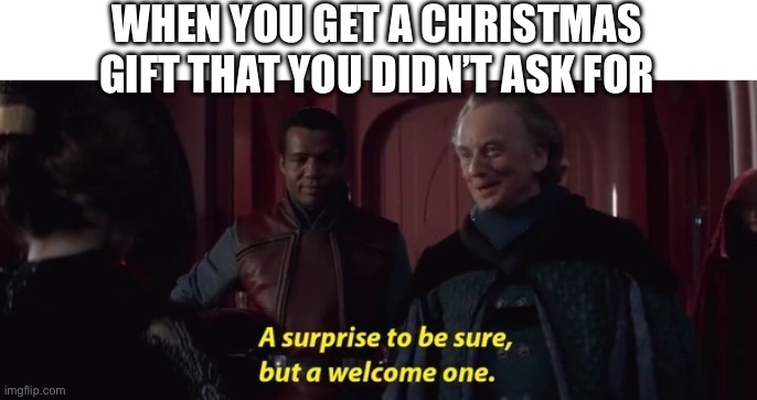 Gifts… YAY! | WHEN YOU GET A CHRISTMAS GIFT THAT YOU DIDN’T ASK FOR | image tagged in a surprise to be sure | made w/ Imgflip meme maker