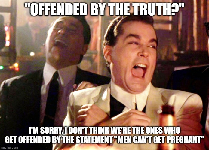 Good Fellas Hilarious Meme | "OFFENDED BY THE TRUTH?" I'M SORRY, I DON'T THINK WE'RE THE ONES WHO GET OFFENDED BY THE STATEMENT "MEN CAN'T GET PREGNANT" | image tagged in memes,good fellas hilarious | made w/ Imgflip meme maker