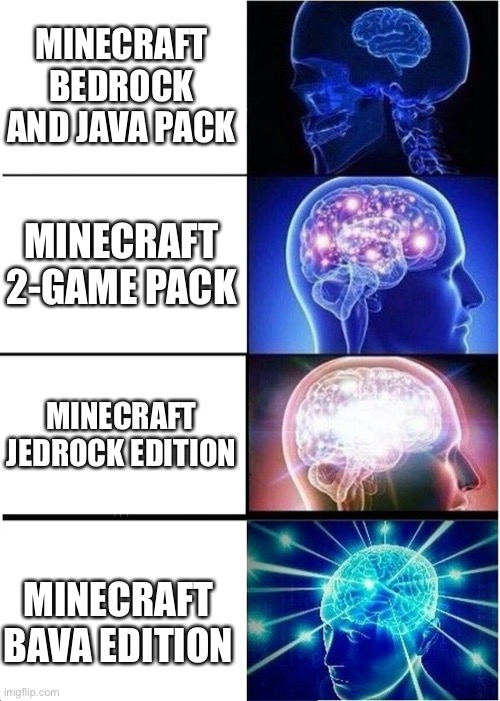 Expanding Brain Meme | MINECRAFT BEDROCK AND JAVA PACK; MINECRAFT 2-GAME PACK; MINECRAFT JEDROCK EDITION; MINECRAFT BAVA EDITION | image tagged in memes,expanding brain | made w/ Imgflip meme maker