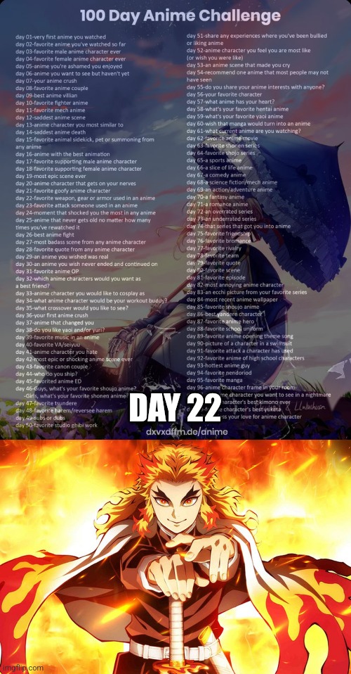 Literally ANY of the Swords | DAY 22 | image tagged in 100 day anime challenge,demon slayer rengoku | made w/ Imgflip meme maker