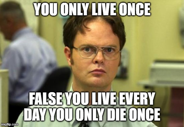 yodo | YOU ONLY LIVE ONCE; FALSE YOU LIVE EVERY DAY YOU ONLY DIE ONCE | image tagged in memes,dwight schrute | made w/ Imgflip meme maker