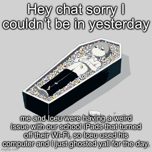 Avogado6 | Hey chat sorry I couldn’t be in yesterday; me and Iceu were having a weird issue with our school iPads that turned off their Wi-Fi, so Iceu used his computer and I just ghosted yall for the day. | image tagged in avogado6 | made w/ Imgflip meme maker