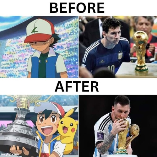 We got the good ending | image tagged in celebrity,pokemon,messi,world cup,football | made w/ Imgflip meme maker