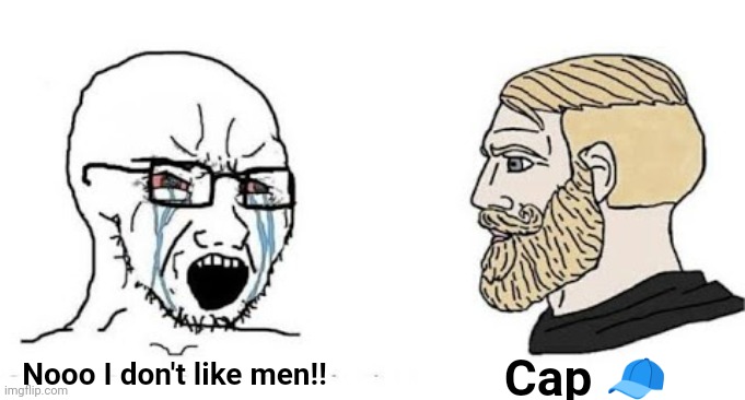 Literally happening to pochita rn | Cap 🧢; Nooo I don't like men!! | image tagged in soyjak vs chad | made w/ Imgflip meme maker