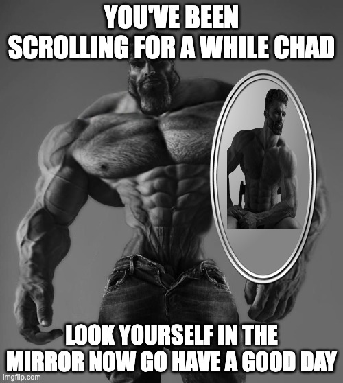 (Insert pro title) | YOU'VE BEEN SCROLLING FOR A WHILE CHAD; LOOK YOURSELF IN THE MIRROR NOW GO HAVE A GOOD DAY | image tagged in chad | made w/ Imgflip meme maker