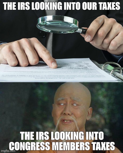 Turning a blind eye. | THE IRS LOOKING INTO OUR TAXES; THE IRS LOOKING INTO CONGRESS MEMBERS TAXES | image tagged in memes | made w/ Imgflip meme maker