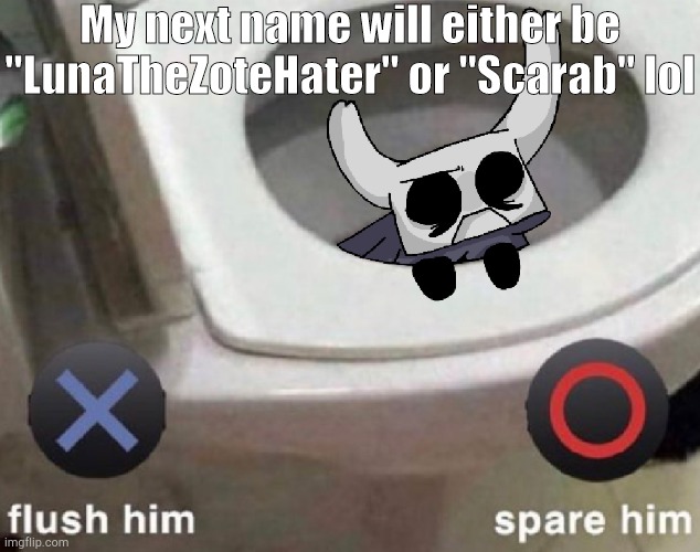 Flush or spare Zote | My next name will either be "LunaTheZoteHater" or "Scarab" lol | image tagged in flush or spare zote | made w/ Imgflip meme maker