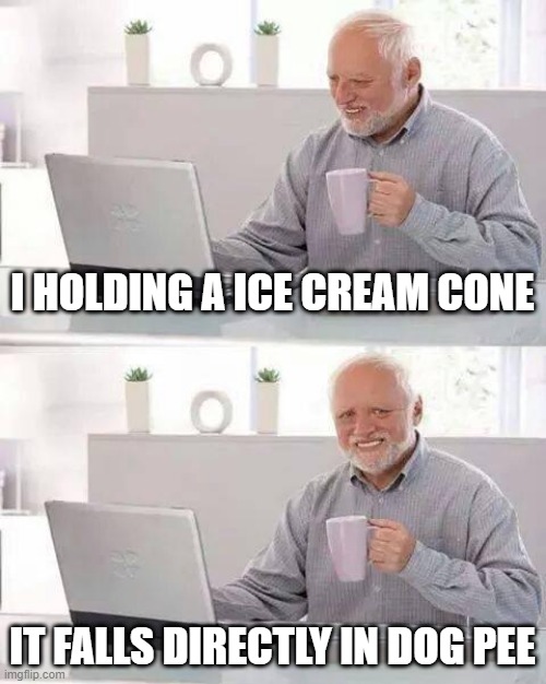 The Ice Cream Day | I HOLDING A ICE CREAM CONE; IT FALLS DIRECTLY IN DOG PEE | image tagged in memes,hide the pain harold | made w/ Imgflip meme maker