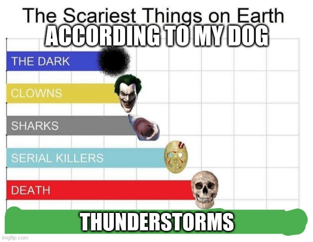 scariest things on earth | ACCORDING TO MY DOG; THUNDERSTORMS | image tagged in scariest things on earth | made w/ Imgflip meme maker