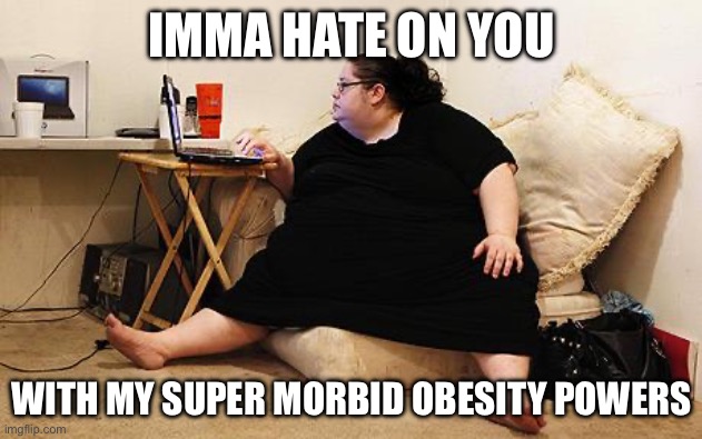 Super morbid obesity | IMMA HATE ON YOU WITH MY SUPER MORBID OBESITY POWERS | image tagged in obese woman at computer,hater,haters gonna hate | made w/ Imgflip meme maker