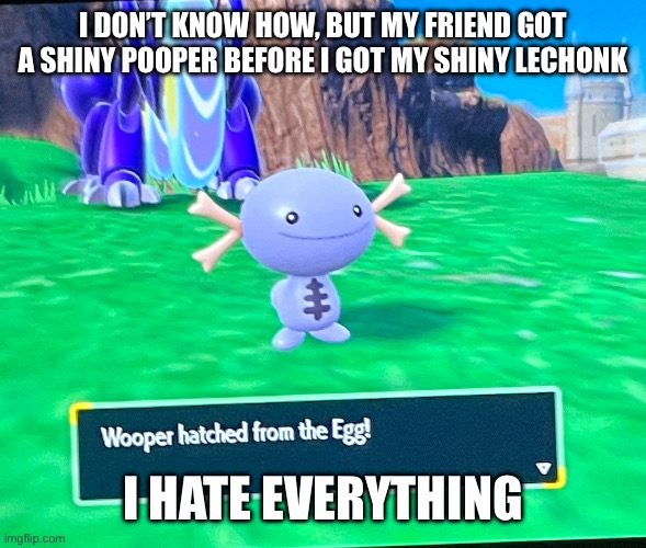 Image title | I DON’T KNOW HOW, BUT MY FRIEND GOT A SHINY POOPER BEFORE I GOT MY SHINY LECHONK; I HATE EVERYTHING | image tagged in image tag | made w/ Imgflip meme maker