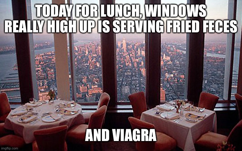 TODAY FOR LUNCH, WINDOWS REALLY HIGH UP IS SERVING FRIED FECES; AND VIAGRA | made w/ Imgflip meme maker