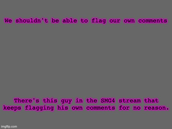 Why would we flag our own comments when we can just delete them ourselves? | We shouldn't be able to flag our own comments; There's this guy in the SMG4 stream that keeps flagging his own comments for no reason. | made w/ Imgflip meme maker