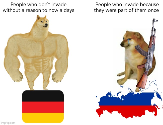 Buff Doge vs. Cheems | People who don't invade without a reason to now a days; People who invade because they were part of them once | image tagged in memes,buff doge vs cheems | made w/ Imgflip meme maker