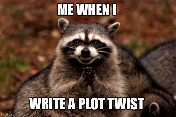 Evil Plotting Raccoon | ME WHEN I; WRITE A PLOT TWIST | image tagged in memes,evil plotting raccoon | made w/ Imgflip meme maker