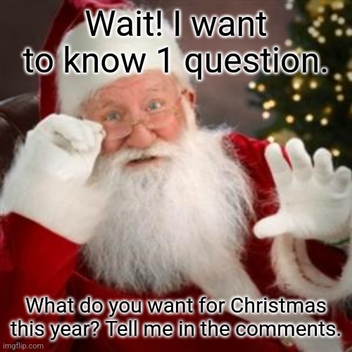 What do you want? | Wait! I want to know 1 question. What do you want for Christmas this year? Tell me in the comments. | image tagged in santa hold on | made w/ Imgflip meme maker