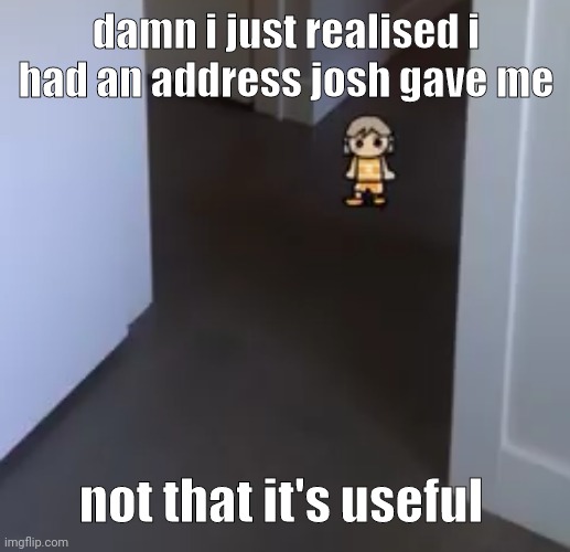 kel | damn i just realised i had an address josh gave me; not that it's useful | image tagged in kel | made w/ Imgflip meme maker