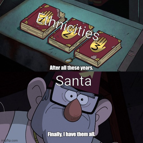 Finally, I have them all | Ethnicities Santa | image tagged in finally i have them all | made w/ Imgflip meme maker