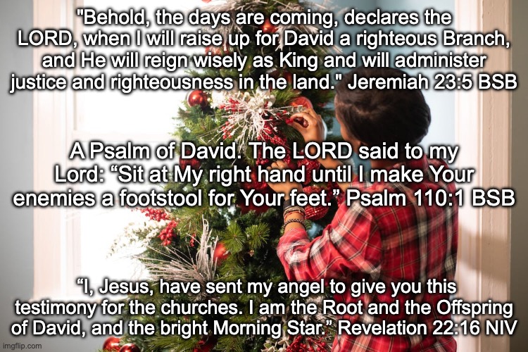 Amen! Come, Lord Jesus! | "Behold, the days are coming, declares the LORD, when I will raise up for David a righteous Branch, and He will reign wisely as King and will administer justice and righteousness in the land." Jeremiah 23:5 BSB; A Psalm of David. The LORD said to my Lord: “Sit at My right hand until I make Your enemies a footstool for Your feet.” Psalm 110:1 BSB; “I, Jesus, have sent my angel to give you this testimony for the churches. I am the Root and the Offspring of David, and the bright Morning Star.” Revelation 22:16 NIV | image tagged in soon and very soon | made w/ Imgflip meme maker