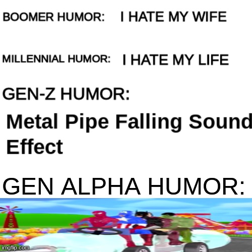 Boomer humor Millennial humor Gen-Z humor | GEN ALPHA HUMOR: | image tagged in boomer humor millennial humor gen-z humor | made w/ Imgflip meme maker