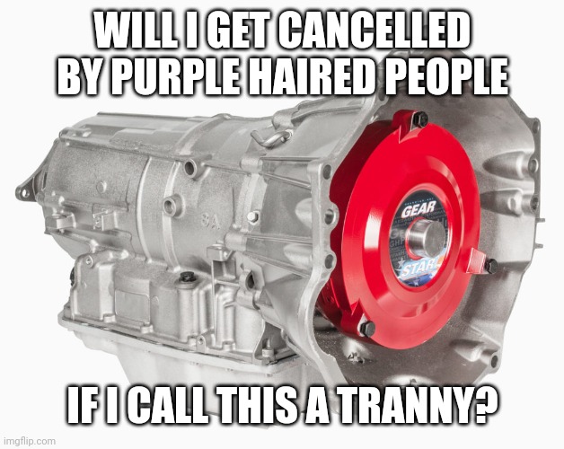 Transmission | WILL I GET CANCELLED BY PURPLE HAIRED PEOPLE; IF I CALL THIS A TRANNY? | image tagged in cars,transmission,funny | made w/ Imgflip meme maker